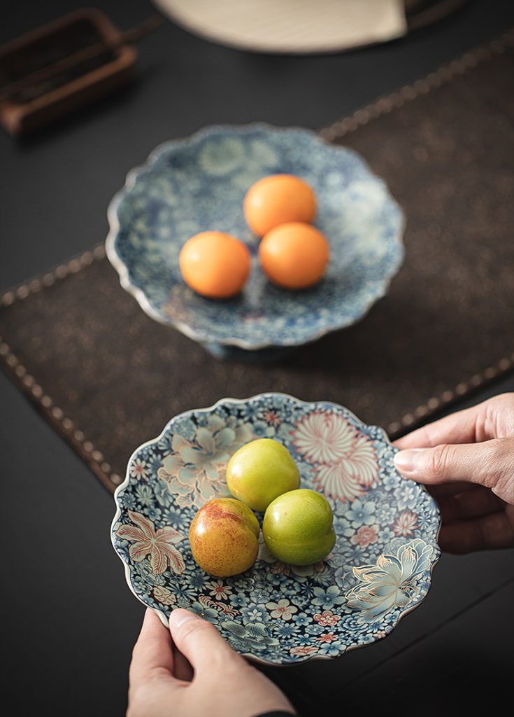 Classic Blue and White Porcelain Footed Fruit Plates (3pc) with Floral Patterns