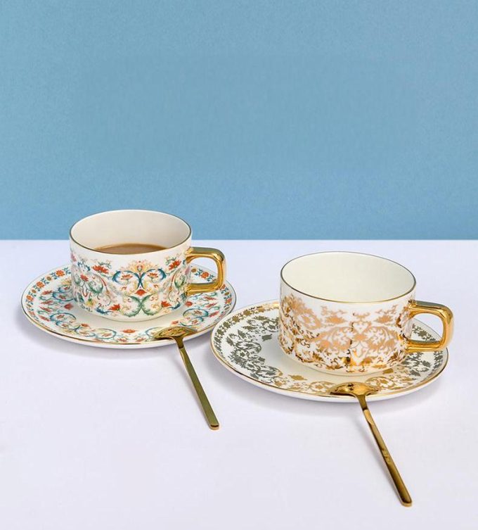 Chinese Floral Porcelain Coffee Cup Set