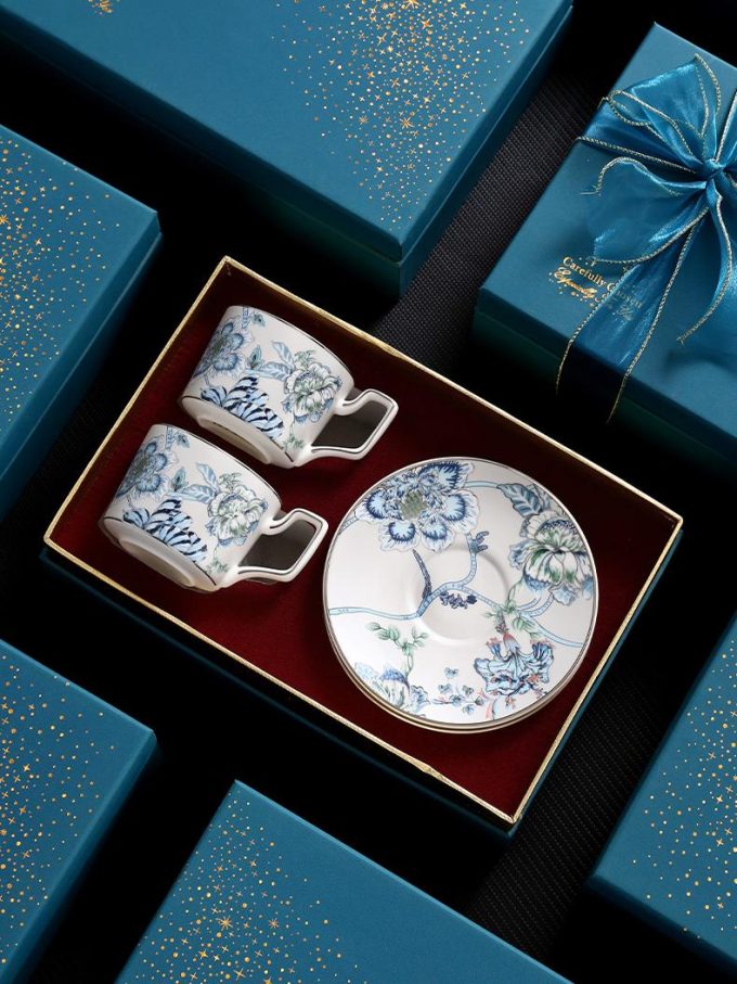 Coffee Cup Set with Artistic Blue Flowers Gift Box