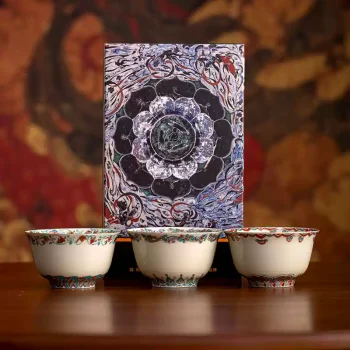 Dunhuang-Inspired Porcelain Teacup Set (3pcs) with Auspicious Animals Motifs
