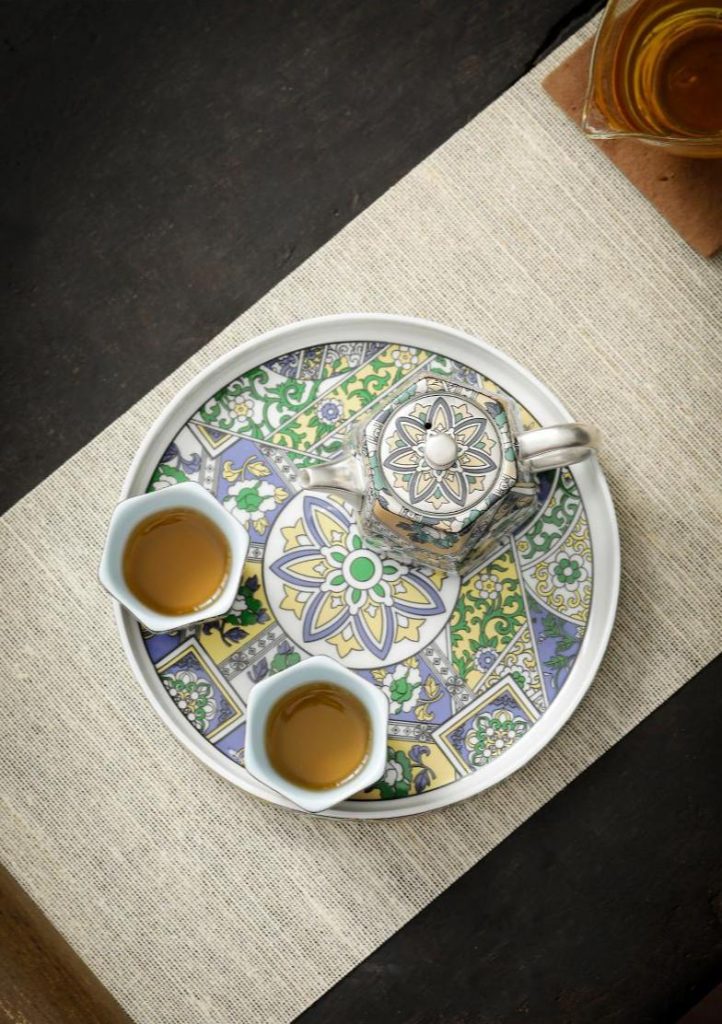 Enamel Ceramic Tea Set with Floral Motif, Luxurious Silver-Plated