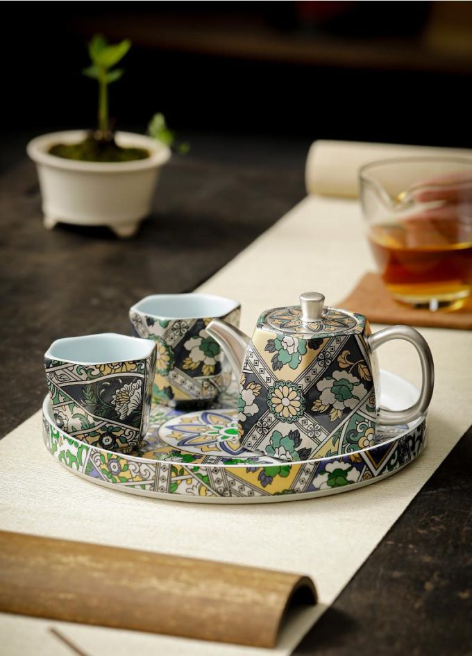 Enamel Ceramic Teacup Set with Floral Motif