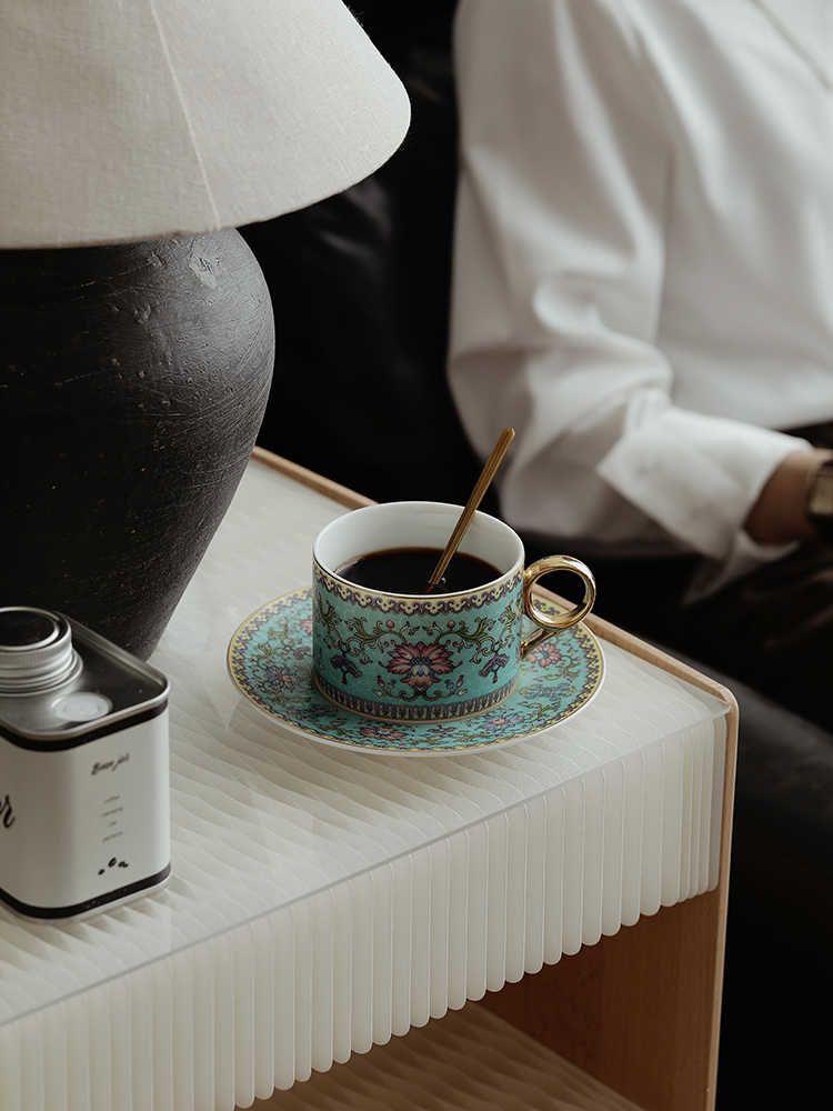Enamel Coffee Cup Set with Traditional Chinese Lotus Motifs-Celadon