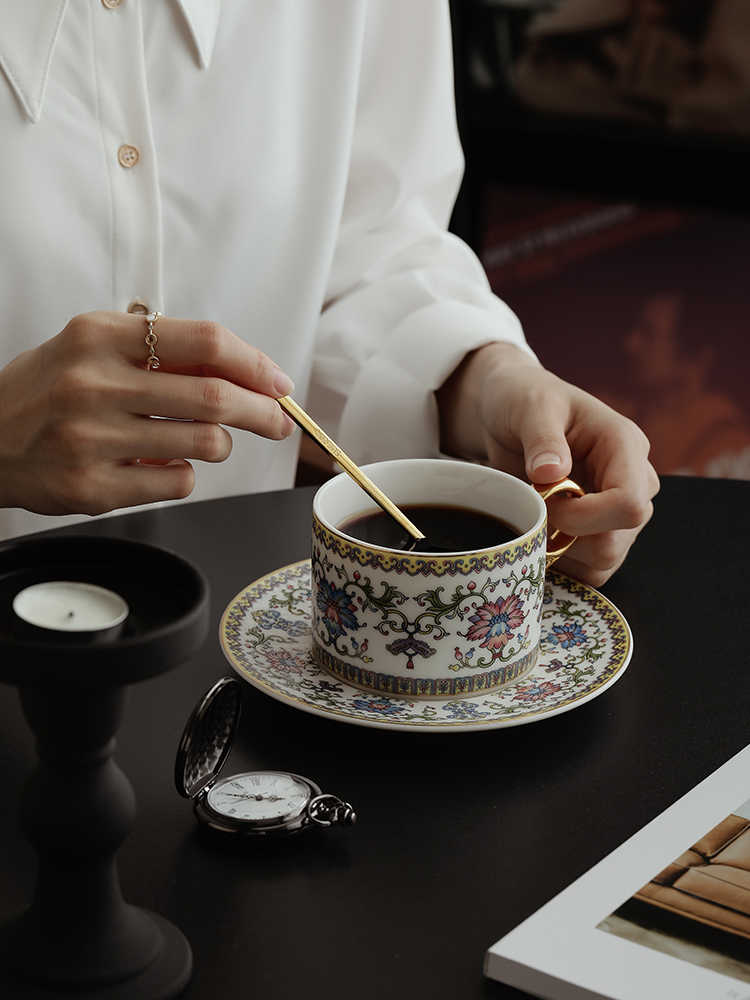 Enamel Coffee Cup Set with Traditional Chinese Lotus Motifs-White
