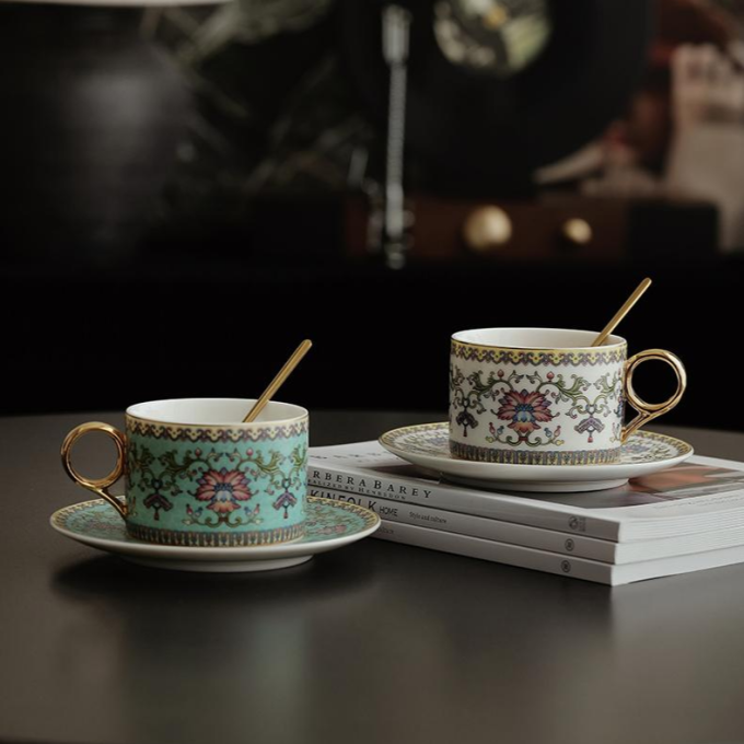 Enamel Coffee Cup Set with Traditional Chinese Lotus Motifs