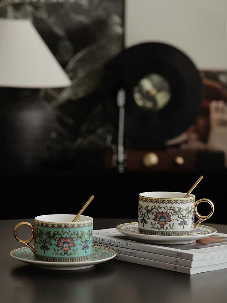 Enamel Coffee Cup Set with Traditional Chinese Lotus Motifs