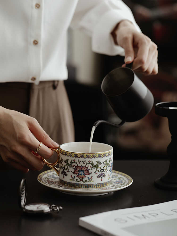 Enamel Coffee Cup Set with Traditional Chinese Lotus Motifs