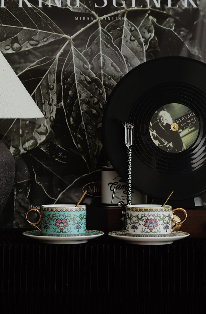 Enamel Coffee Cup Set with Traditional Chinese Lotus Motifs