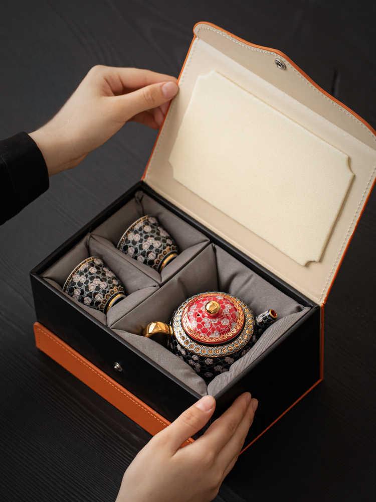 Exquisite Chinese Cloisonné Tea Set: Teapot & 2 Cups Gift Box