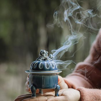 Jingdezhen Three-Legged Ceramic Incense Burner with Lion Lid
