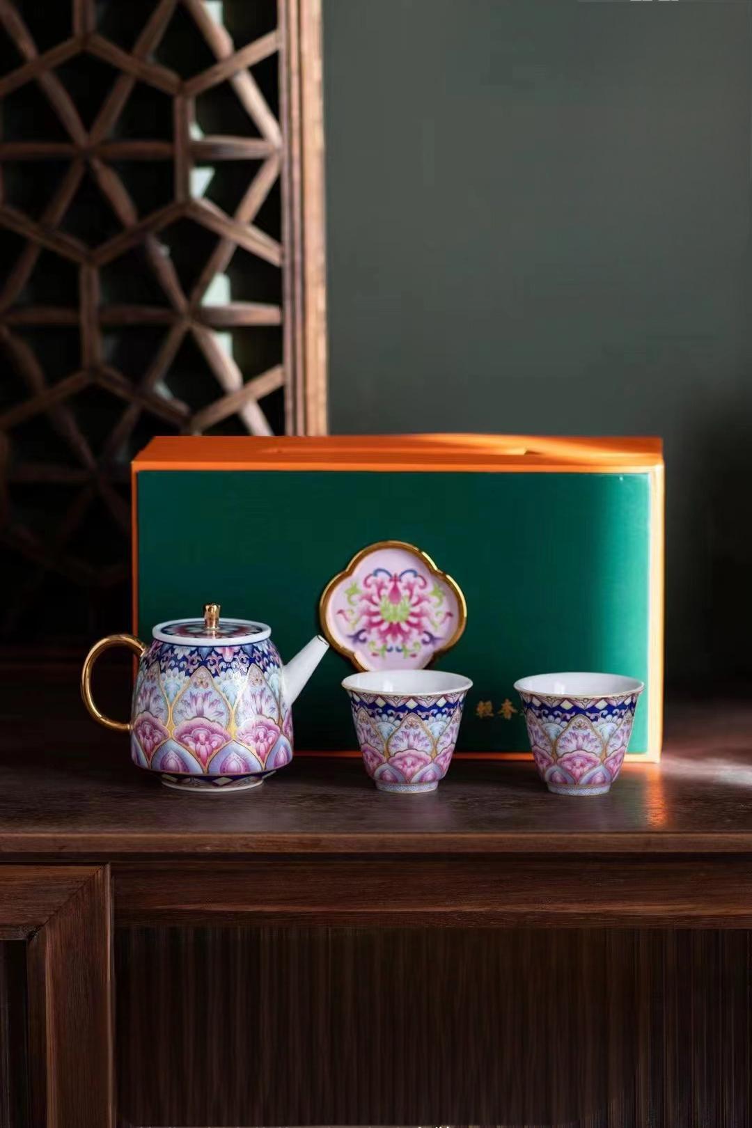 Elegant Enamel Porcelain Teapot and Cup Set