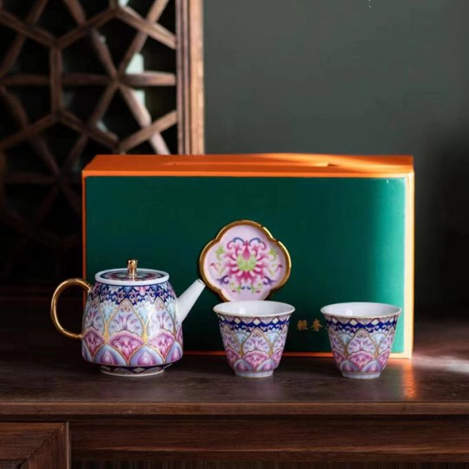 Lotus Blossom Enamel Porcelain Tea Set