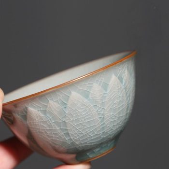 Ice-crackle Glaze Lotus Relief Celadon Tea Cups Set (2pc)