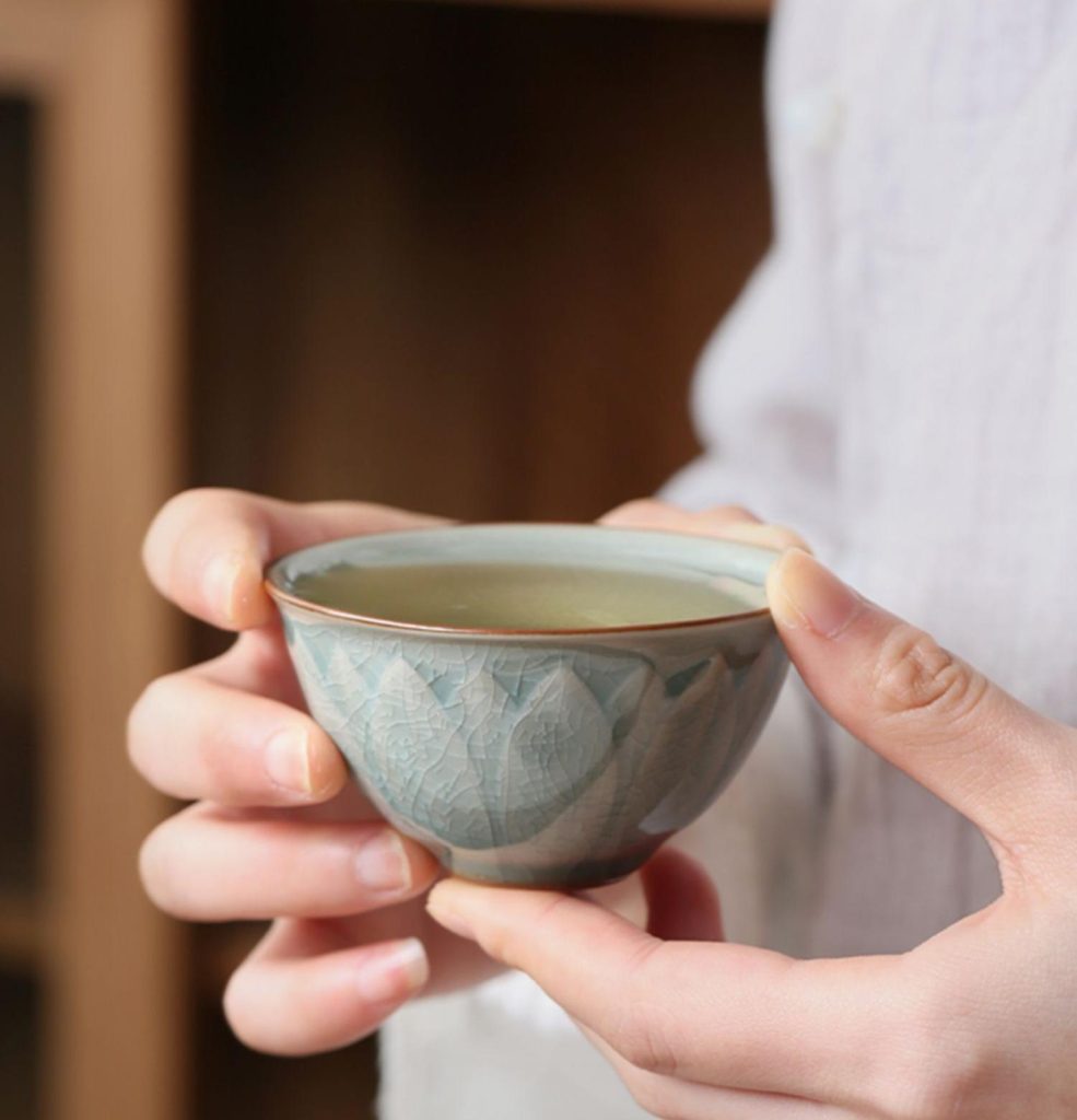 Lotus Relief Celadon Tea Cups Set