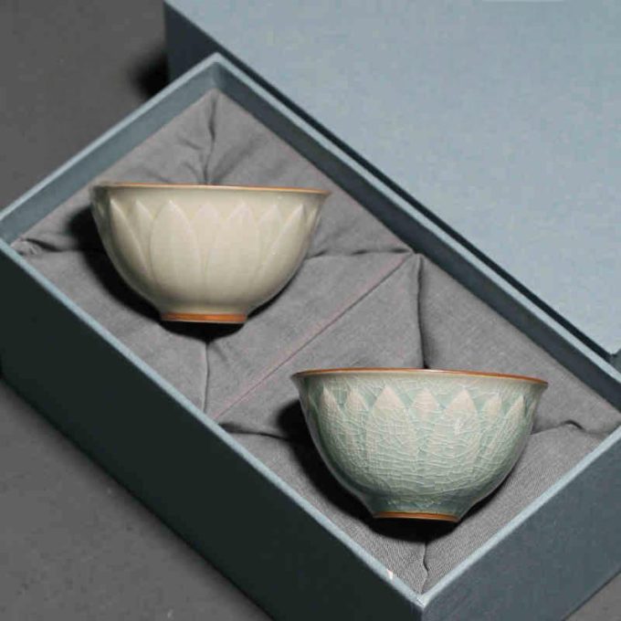 Lotus Relief Celadon Tea Cups Set