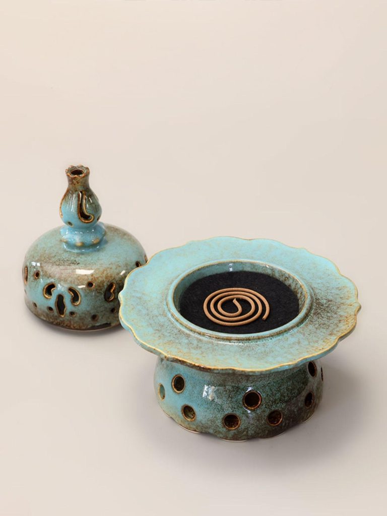 Ceramic Incense Burner with Traditional Blue Glaze