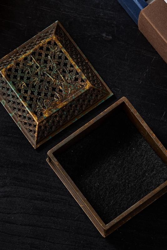 Vintage Metal Incense Burner with Intricate Bamboo Carving