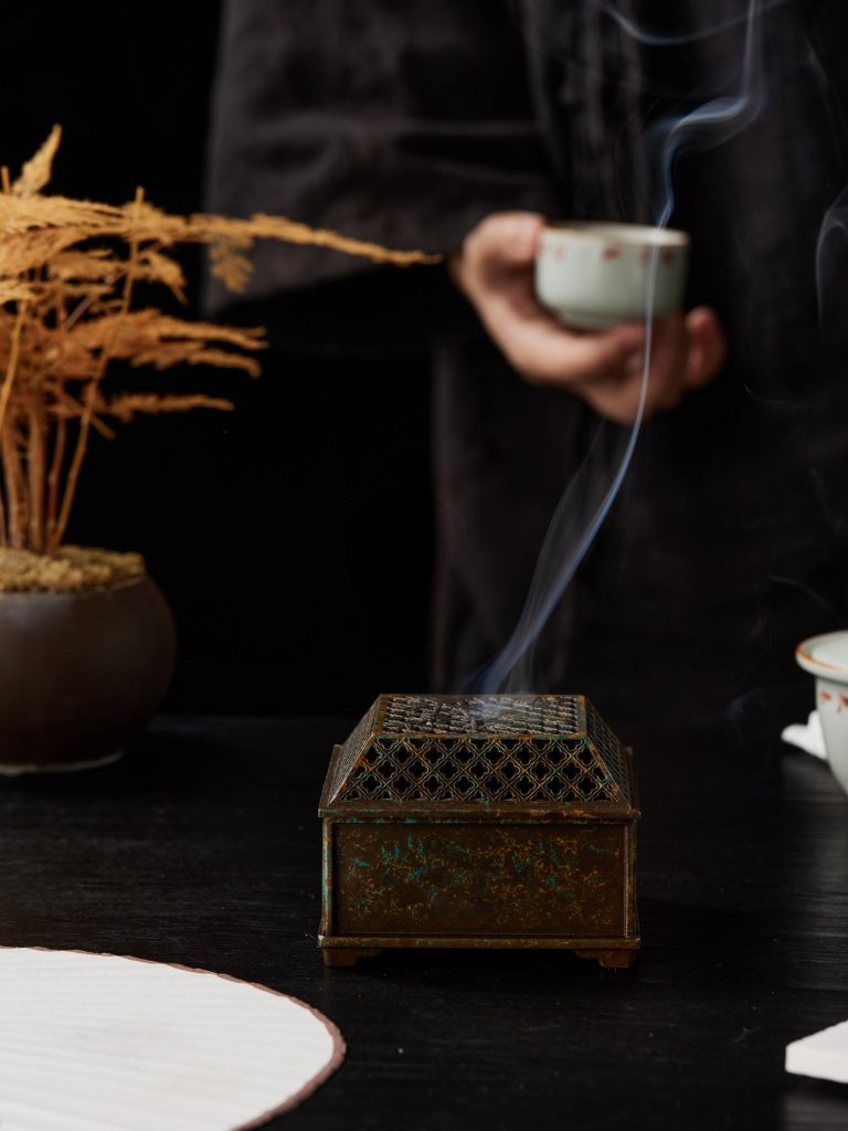 Vintage Metal Incense Burner with Intricate Bamboo Carving