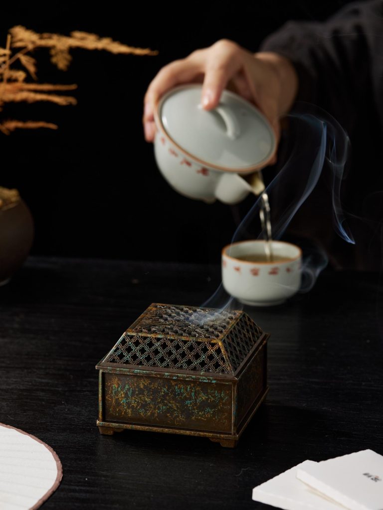 Vintage Metal Incense Burner with Intricate Bamboo Carving