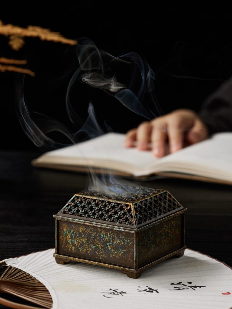 Vintage Metal Incense Burner with Intricate Bamboo Carving