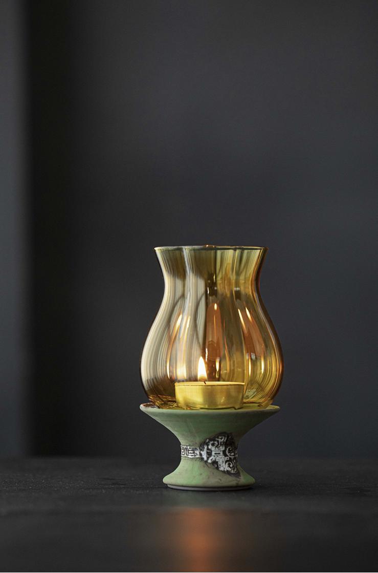 Amber Tealight Glass Candle Holder with Ceramic Base