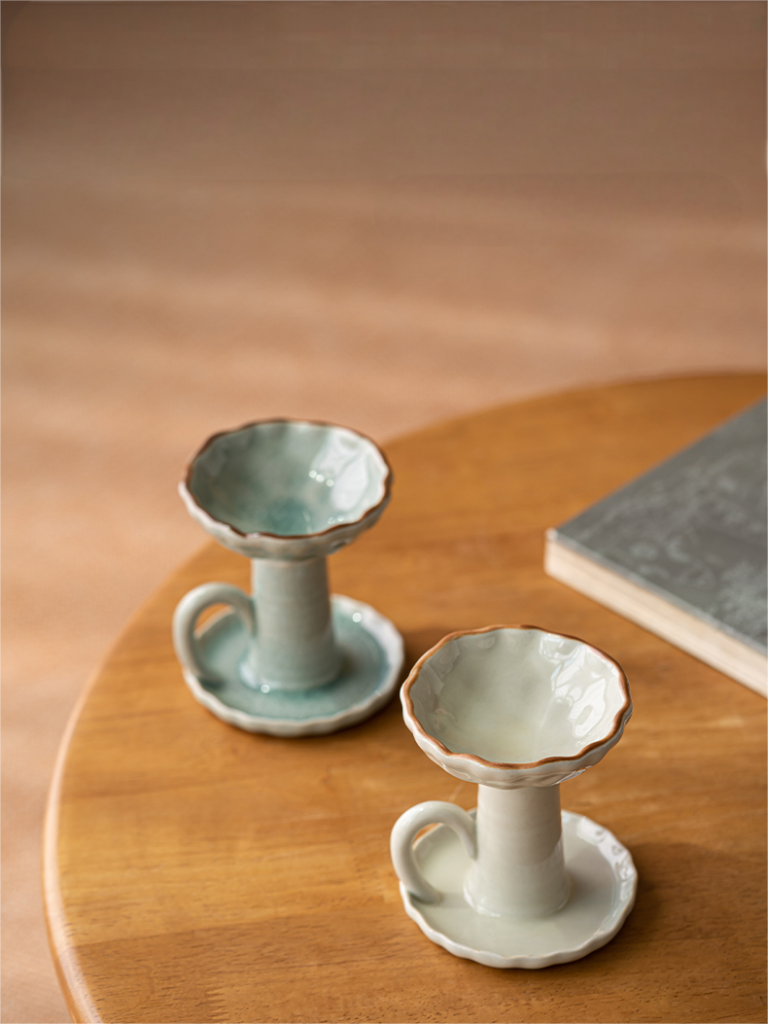 Chinese Ceramic Candle Holder with Handle, Vintage-inspired