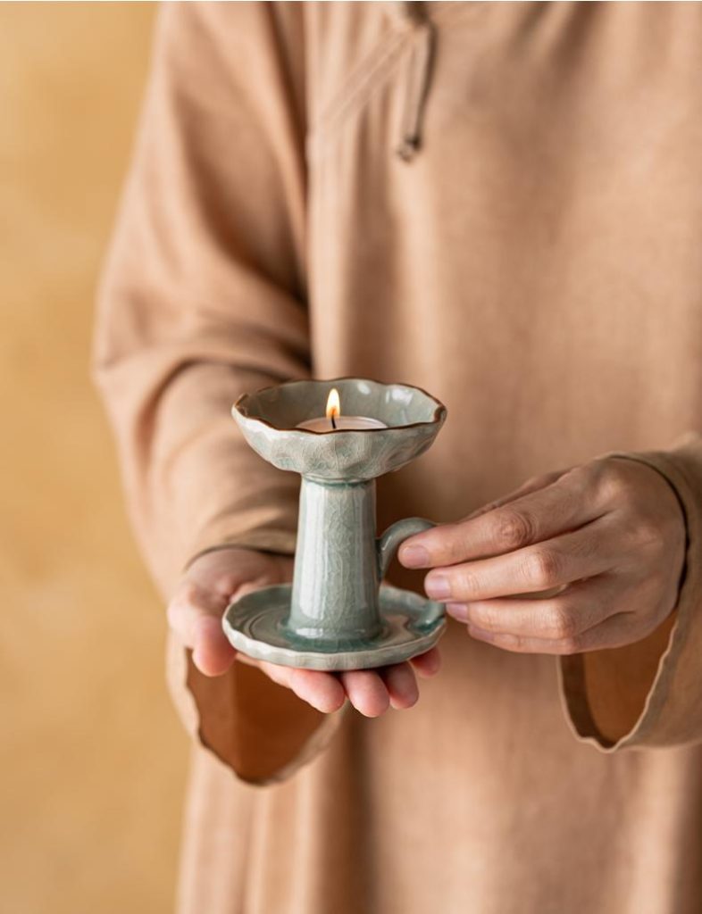 Chinese Ceramic Candle Holder with Handle, Vintage-inspired
