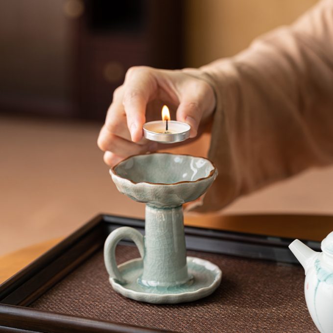 Chinese Ceramic Candle Holder with Handle, Vintage-inspired
