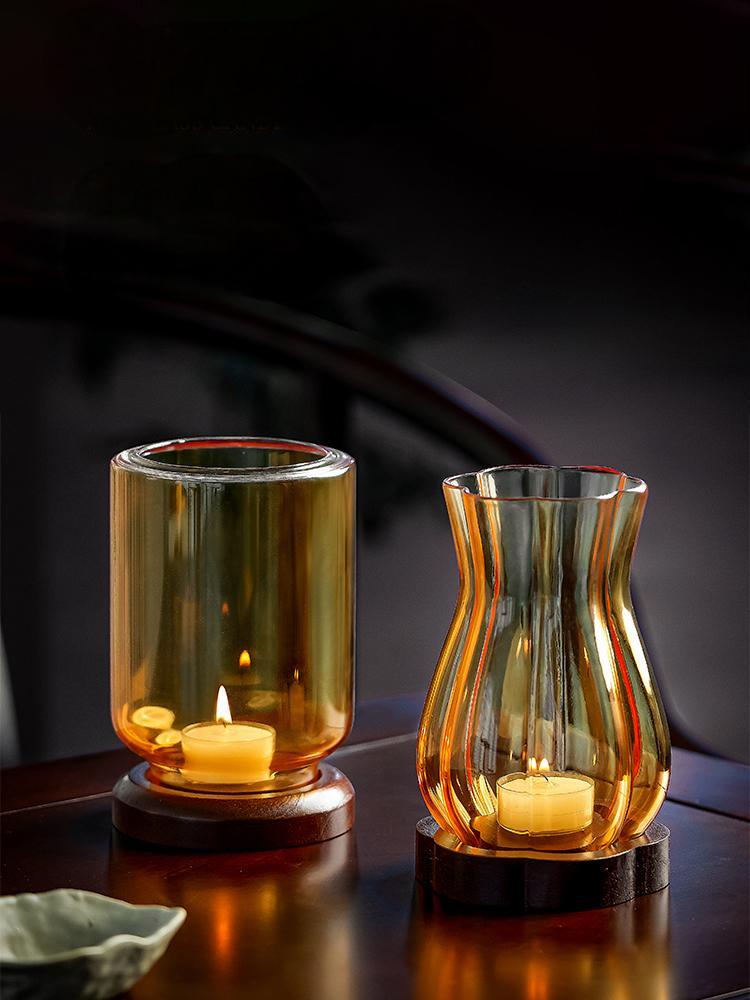Chinese-Style Amber Glass Candle Holder with Wood Base