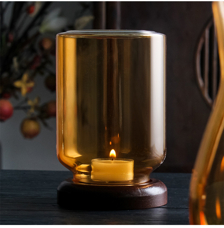 Chinese-Style Amber Glass Candle Holder with Wood Base