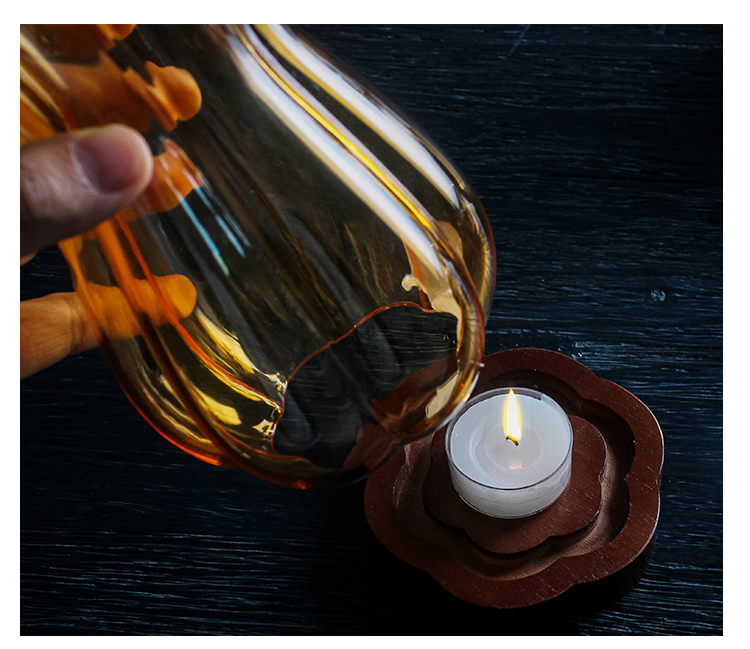 Chinese-Style Amber Glass Candle Holder with Wood Base