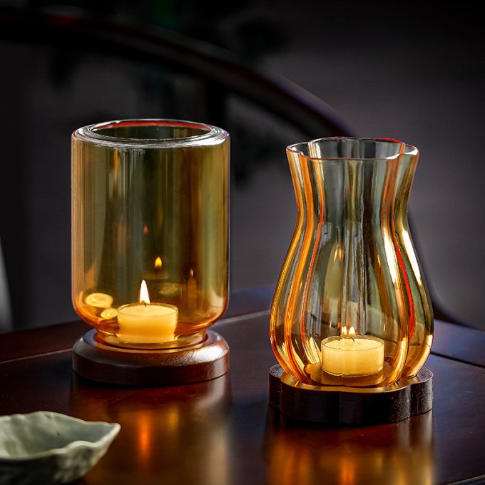Chinese-Style Amber Glass Candle Holder with Wood Base