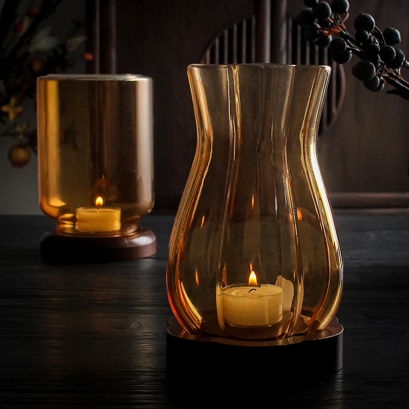 Chinese-Style Amber Glass Candle Holder with Wood Base