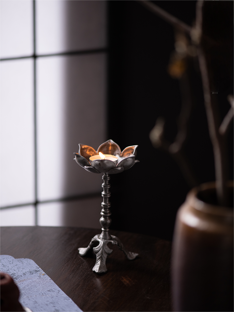 Handcrafted Antique-Style Lotus Metal Candle Holder