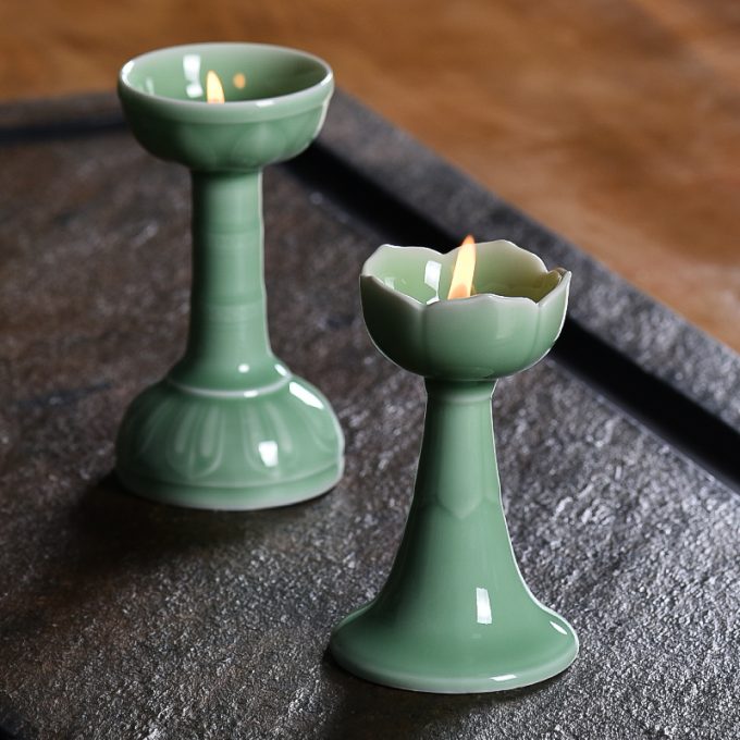 Lotus-Shaped Celadon Ceramic Candle Holder, Chinese Style