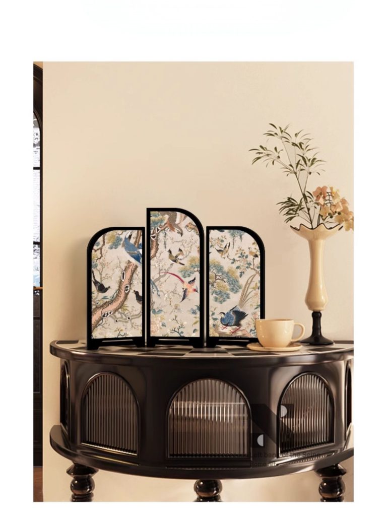 Chinese Tabletop Folding Screen with Vintage Birds Artwork_01213