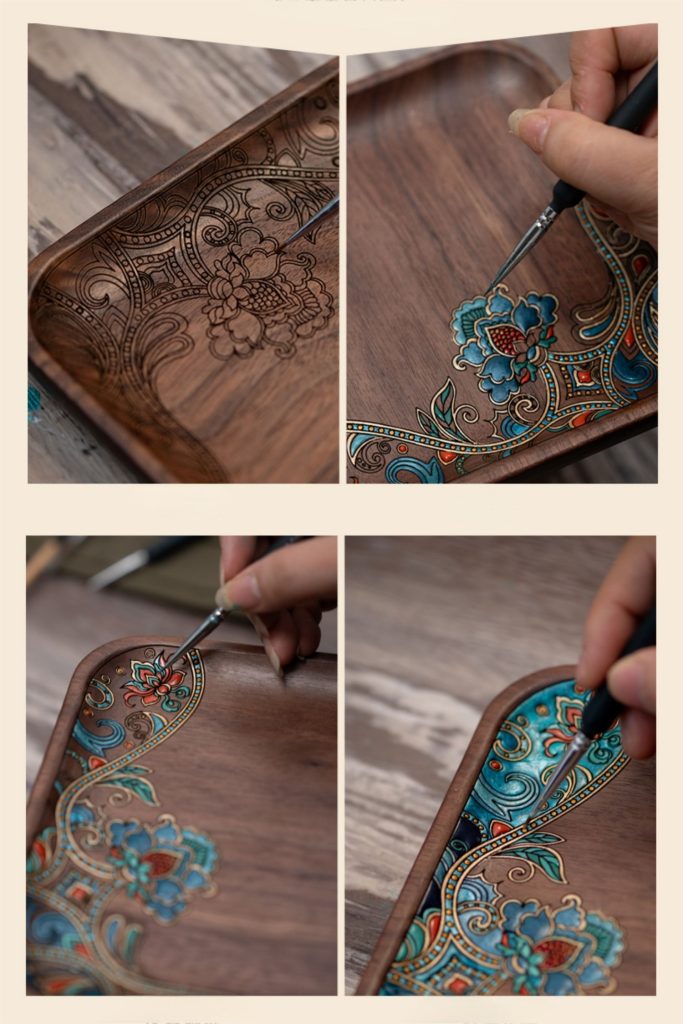 Hand-Painted Danqing Wooden Decorative Tray Set