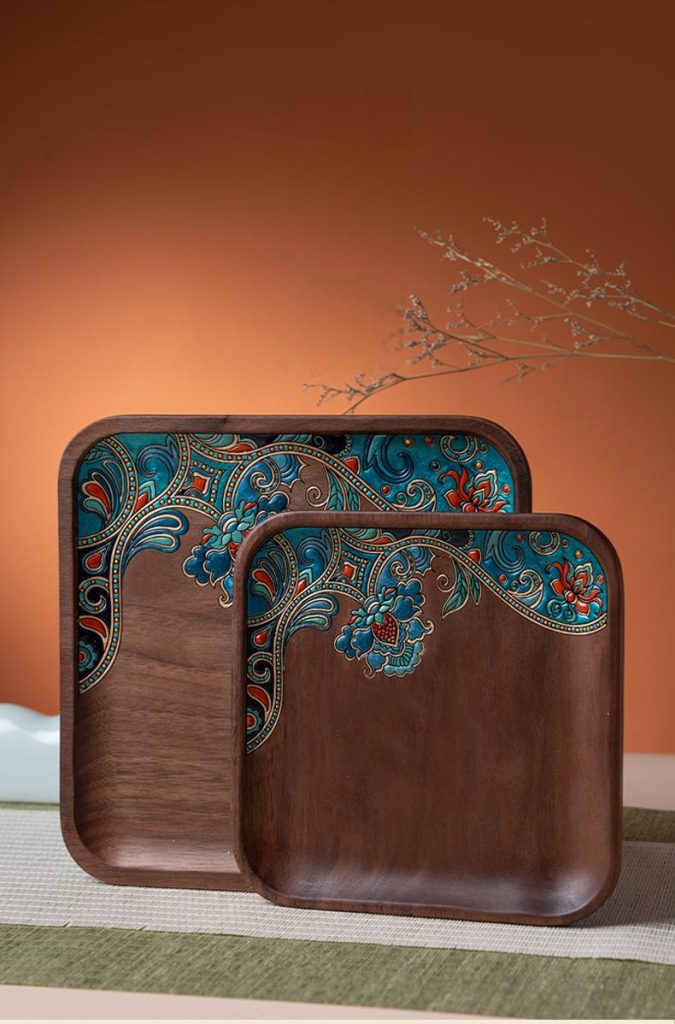 Hand-Painted Danqing Wooden Decorative Tray Set