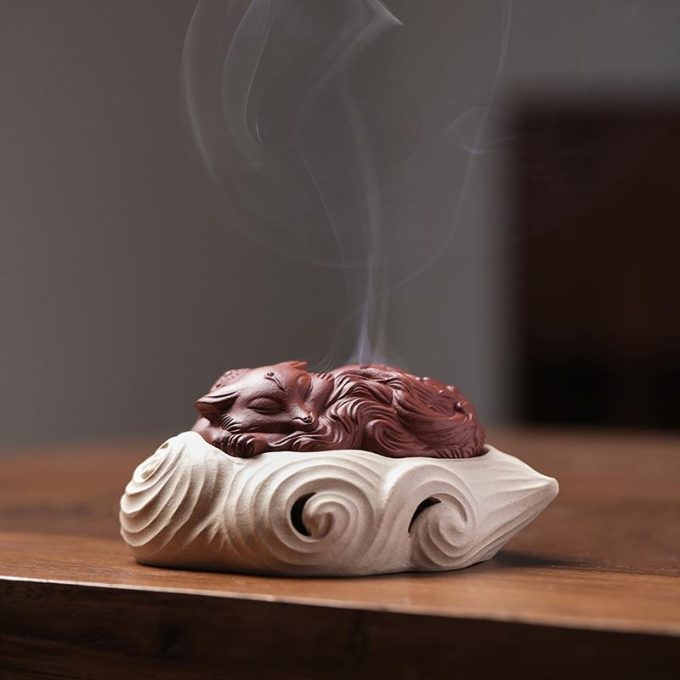Yixing Clay Incense Burner Featuring a Serene Fox Design