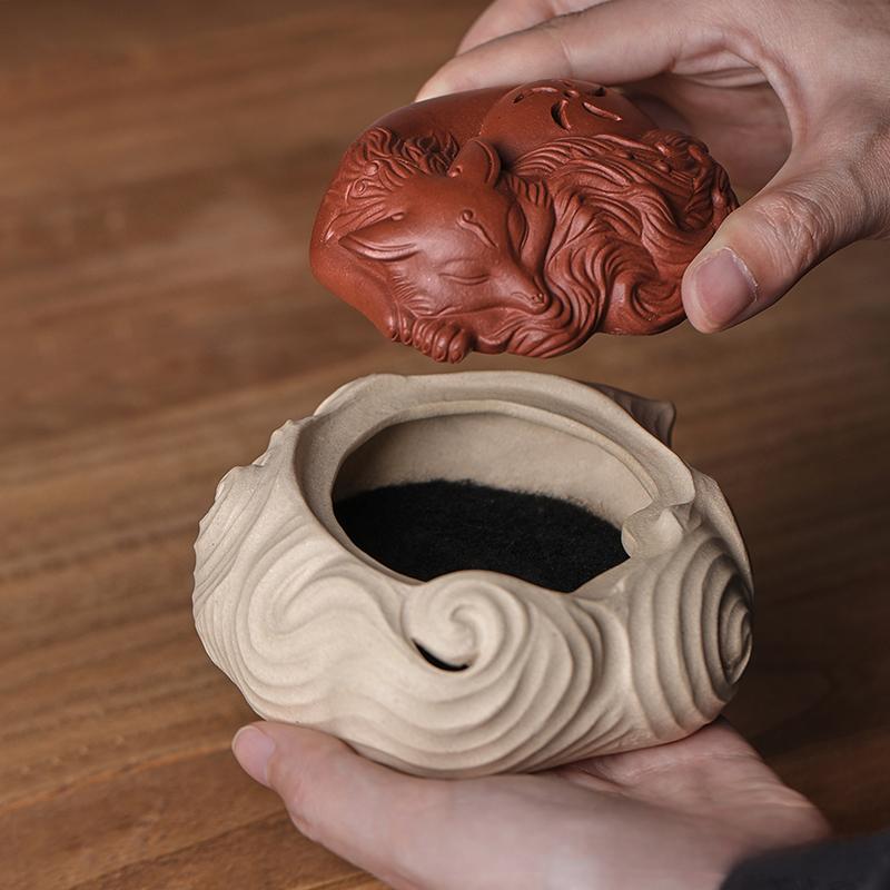 Yixing Clay Incense Burner Featuring a Serene Fox Design