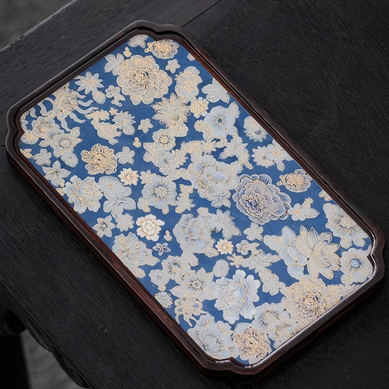 Blue-and-White Floral Ceramic Inlay Wooden Serving Tray