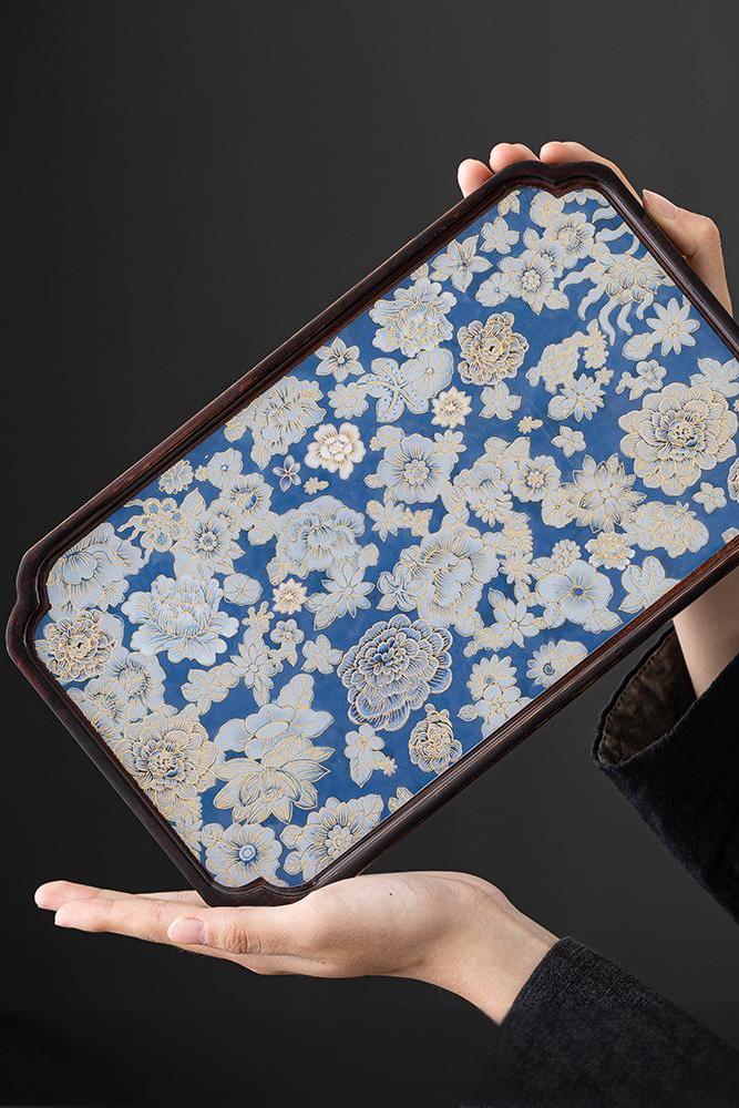 Blue-and-White Floral Ceramic Inlay Wooden Serving Tray