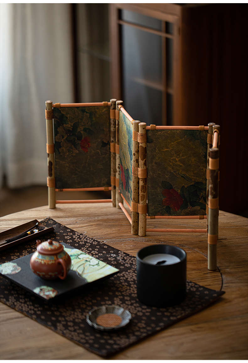 Handcrafted Bamboo Mini Folding Screen with Floral Print