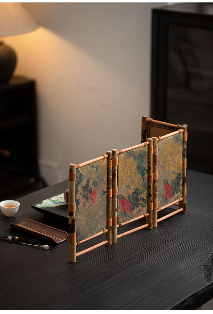 Handcrafted Bamboo Mini Folding Screen with Floral Print