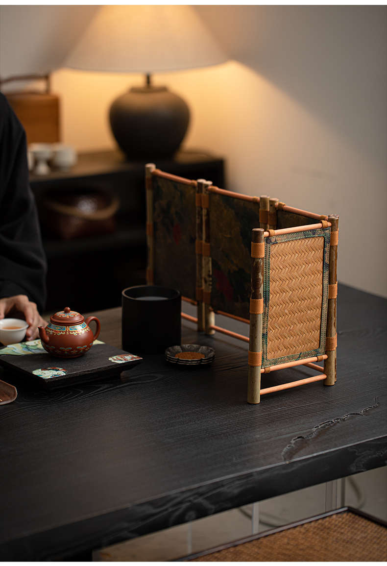 Handcrafted Bamboo Mini Folding Screen with Floral Print