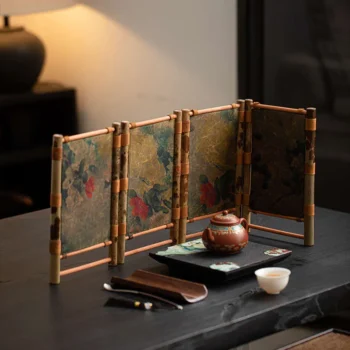 Handcrafted Bamboo Mini Folding Screen with Floral Print