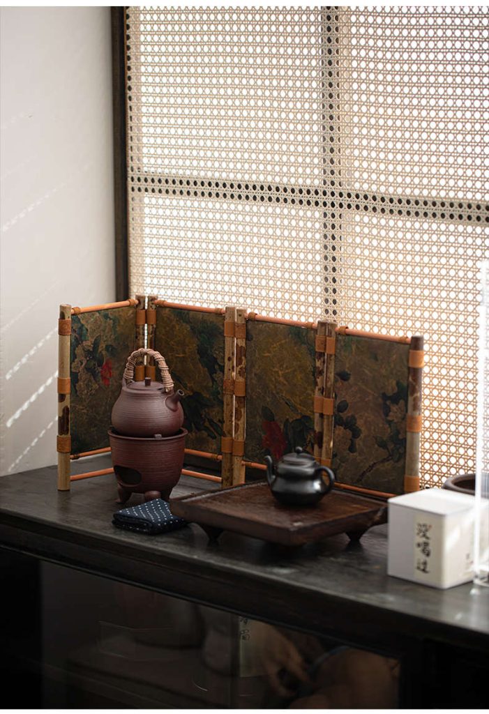Handcrafted Bamboo Mini Folding Screen with Floral Print
