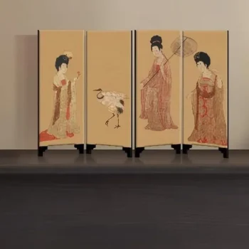 Four-panel folding screen depicting women in kimonos with a crane, beige background, on dark shelf.