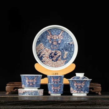 Blue Red Chinese Dragon Porcelain Gaiwan Tea Set Main