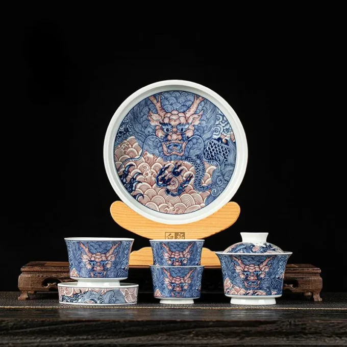 Blue Red Chinese Dragon Porcelain Gaiwan Tea Set Main